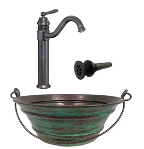 15" Round Copper BUCKET Vessel Bath Sink Green Patina with ORB Faucet & DD Drain - Picture 1 of 4