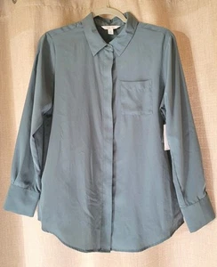 New! Nine West Womens Long Sleeve Hidden Button Front Blouse Blue/Green Petite M - Picture 1 of 13