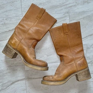 Vintage 70s Original Genuine Leather Chunky Western Mid Calf Unisex Boot 9M - Picture 1 of 8