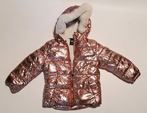 Girls SIZE 5/6 ZEROxPOSUR Shiny Metallic Pink Puffer Jacket Faux Fur Soft Fleece