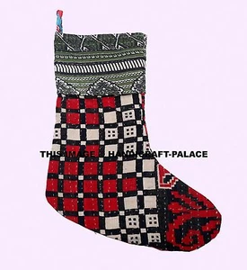 Indian Kantha Embroidered Xmas Stocking Luxury Santa Deluxe Christmas Toys Decor - Foto 1 di 3