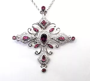 Gorgeous QVC Pink TOURMALINE Simulant CZ Sterling Silver Cross Pendant Necklace - Picture 1 of 7