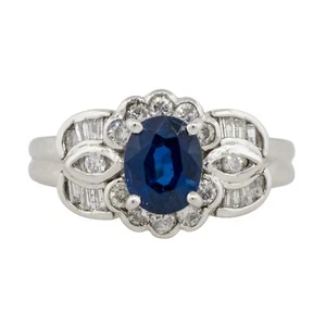 Platinum 1.25ct Oval Sapphire Center 0.47ctw Diamond Cocktail Scalloped Ring - Picture 1 of 22