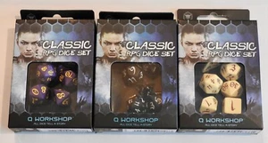 3 sets of Classic RPG dice - New unopened 7 dice sets Black, Purple & Beige - Picture 1 of 1