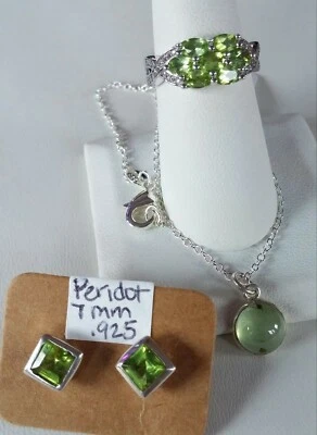 3-SET! Genuine Peridot Ring, Studs & Quartz Necklace .925 Sterling Silver - Image 1 of 2
