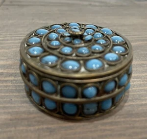 Antique Chinese Tibetan Metal Brass & Turquoise Trinket Box Lid Filigree 2” - Picture 1 of 11