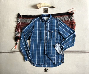 Lee 101 Chambray Shirt M Indigo Blue Check Raw Textured Cotton Vintage Repro 42" - Imagen 1 de 20
