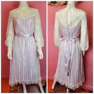 Vintage 1970's Lavender & Lace Long Sleeve Maxi Coquette Prairie by Dance Allure - Picture 1 of 10