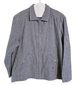 Vtg Lightweight Zippered Jacket Navy White Gingham Check Frogs Butterfly Sz L - Picture 1 of 12