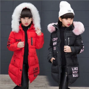 Girl Padded Coat School Puffer Winter Jacket Puffer Fur Hooded Long Parka - Picture 1 of 16