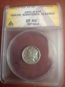1921-D Mercury Dime Certified ANACS XF40 Details,Cleaned -Tooled,Scratched. - Picture 1 of 5
