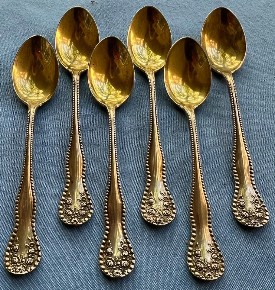 Conjunto de 6 colheres de chá Gorham prata esterlina rosas Lancaster Demitasse lavagem dourada - Imagem 1 de 4