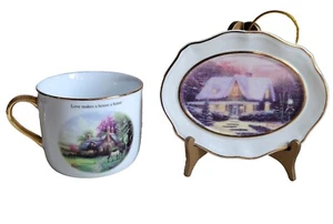 Thomas Kinkade Mug 2003 & Miniture Decorative Plate W/ Easel 2005. Gold-Rimmed - Picture 1 of 12