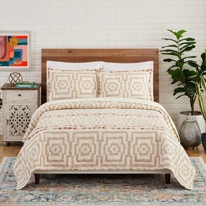 Cremefarbenes 3-teiliges Baumwoll-Quilt-Set leichtes Bettwäscheset, bedruckte gesteppte Bettwäsche - Bild 1 von 5