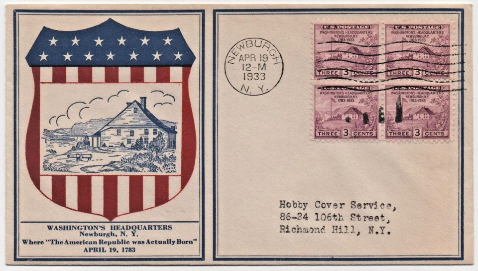 1933 FDC SC# 727 Block (4) Peace Proclamation Colonial Shield & Washington HQ - Image 1 of 1