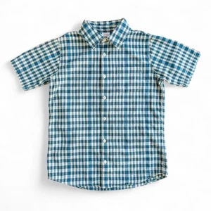 Hanna Andersson Plaid Button Up Shirt Short Sleeve Boys 12 (150) Teal Blue Cream - Picture 1 of 10