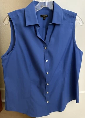Talbots - Petite 12P Blue Sleeveless Wrinkle Resistant Cotton/Spandex Blouse - Image 1 of 4