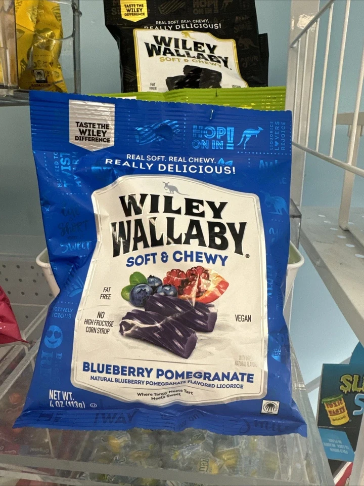 Wiley Wallaby Soft & Chewy 4 oz BLUEBERRY POMEGRANATE Gourmet Licorice 4 packs - Image 1 of 1