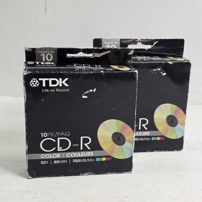 2 Packs Of 10 TDK CD-R 52x 80 Minutes 700MB/Mo Spindle Colors New Damaged Box - Image 1 of 4