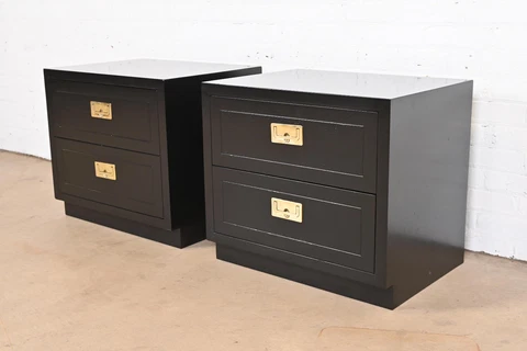 Henredon Hollywood Regency Black Lacquered Campaign Nightstands, Refinished Cover
