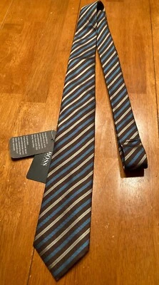 Men's HUGO BOSS Italy Silk Linen Blue / Brown + Striped Necktie Tie NWT NEW - Image 1 of 4