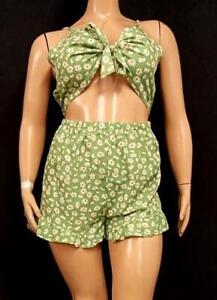Shein curve green floral print tie knot front women's sleeveless romper 4XL