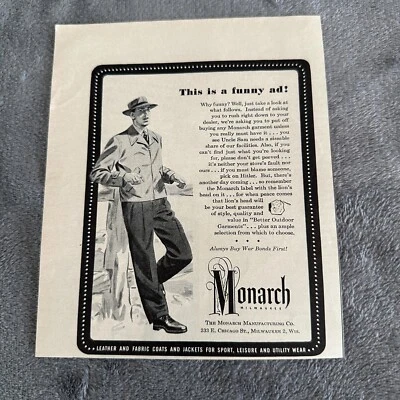 Monarch Milwaukee Mens Clothing Buy War Bonds WWII Era Print Ad 1944 - Image 1 of 4