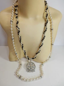 VTG Faux Pearls Twisted Necklace w/Enhancing Pendant + Strand Pearls Necklace - Picture 1 of 7