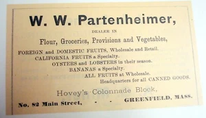 1889 Ad W. W. Partenheimer, Grocer, Greenfield, Mass. - Picture 1 of 1