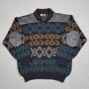 Pierre Balmain Sweater Mens Medium Blue Geometric Wool Alpaca Shawl Elbow Patch - Picture 1 of 8