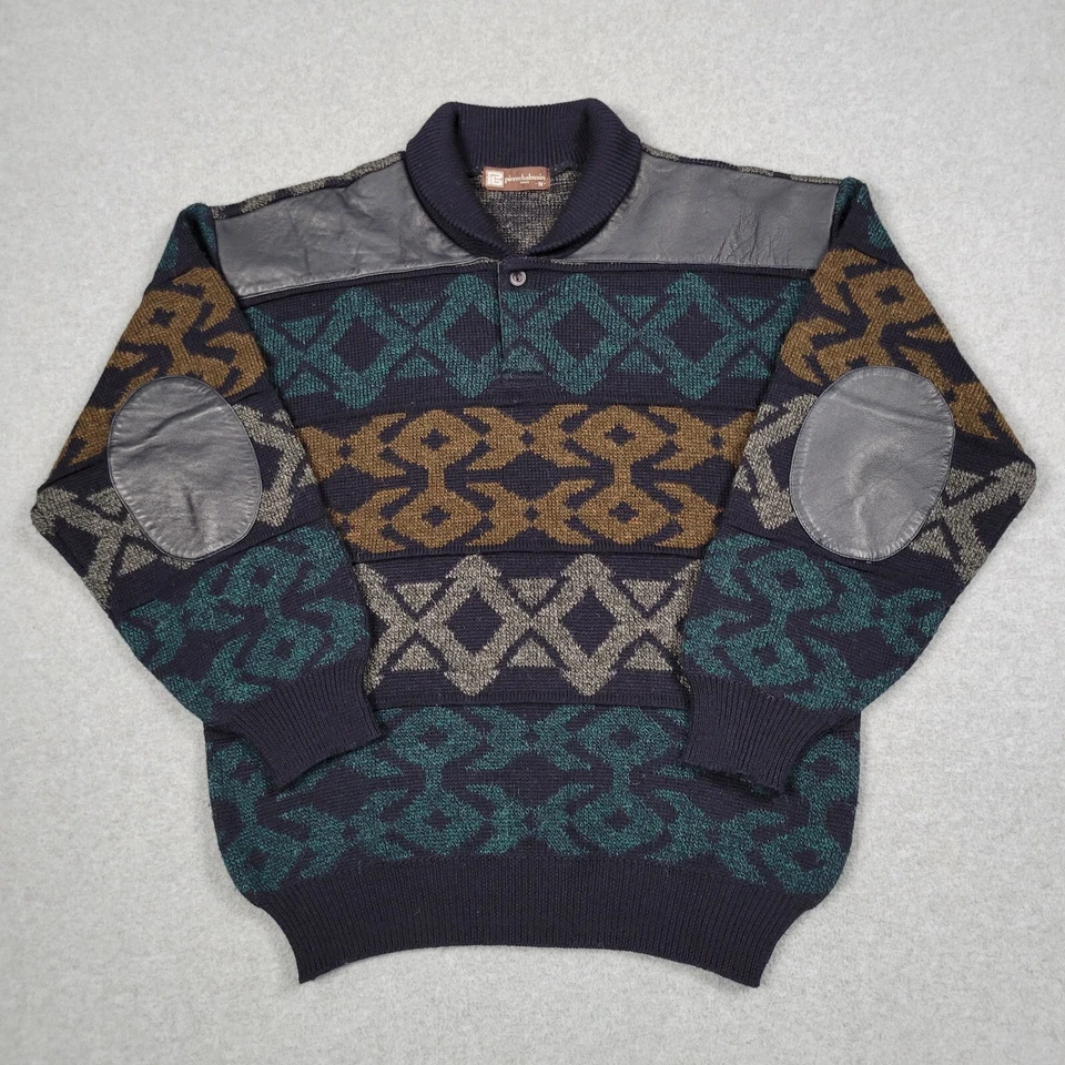 Pierre Balmain Sweater Mens Medium Blue Geometric Wool Alpaca Shawl Elbow Patch - Image 1 of 4