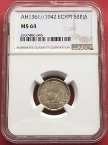 EGYPT , 2 PIASTRES  KING FAROUK 1942 NGC MS 64 ( BL  ) , RARE - Picture 1 of 2