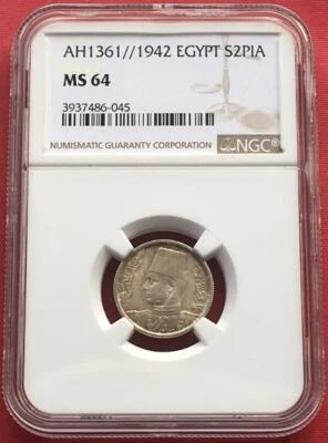 EGYPT , 2 PIASTRES  KING FAROUK 1942 NGC MS 64 ( BL  ) , RARE - Image 1 of 2