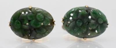 Gemelos tallados en oro amarillo placa de jade verde chino fino 14k para hombre FIRMADOS de colección Foto 1 de 4