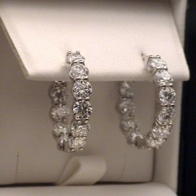 Solid 14K White Gold Moissanite Huggie Hoop Earrings Excellent Round Cut 2.50 CT - Image 1 of 4