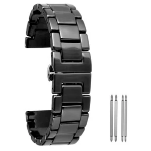 18/20/22MM Black/White Ceramics Watch Band Replacement Bracelet Butterfly Buckle - Picture 1 of 11