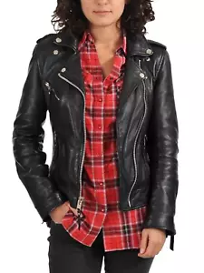 MIS Women's Moto Genuine Lambskin Real Biker Motorcycle Slim fit leather jacket - Picture 1 of 7
