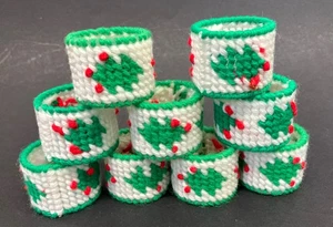 Needlepoint Holly Berry Christmas Napkin Ring Holders Lot of 9 Homemade - Picture 1 of 4