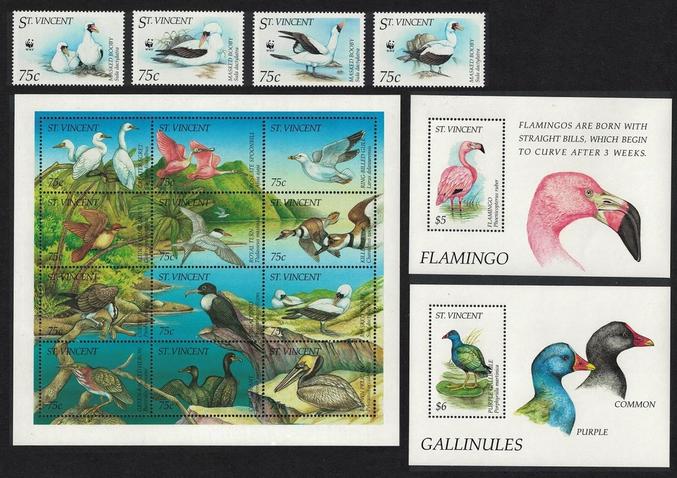 St. Vincent Birds WWF Booby Egret Dove 4v+Folha+2 MSs 1995 MNH - Imagem 1 de 1