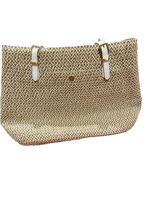 Rare Eric Javits Squishee® Raffia Tote, White & Gold Woven, Green Lining - Image 1 of 4