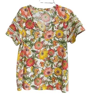 Top Lane Bryant Naranja Amarillo Floral Cuello en V Manga Corta Crochet Talla 14-16 Foto 1 de 4