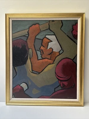 Vintage Painting Industrial Workers Construction Men Wpa Style Brown New York - Image 1 of 4