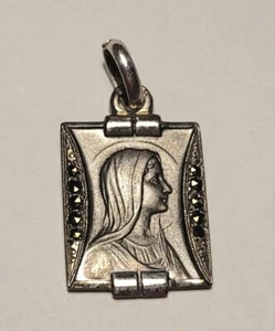 ANCIEN BIJOU MÉDAILLE LA VIERGE PENDENTIF ARGENT MASSIF & MARCASSITE # K33 - Picture 1 of 2