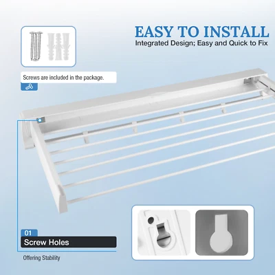 Wall-mounted Laundry Clothes Storage Drying Rack Retractable Dryer Hanger White - Image 1 of 4