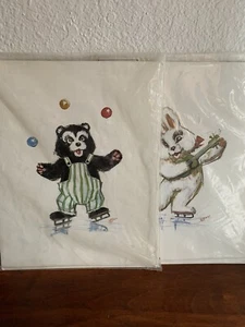 Pair Of Vintage Prints Ice Capades Pierre Maro 1960s Bunny And Bear Ice Skating - Picture 1 of 10