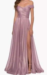 La Femme Iridescent Off the Shoulder Chiffon Gown Dress 29172 Pink. Size 12. 14 - Picture 1 of 9