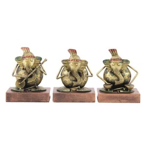 Musical Ganesh Handmade Iron Decorative Showpiece Statue With Wooden Base 3 Pcs - Picture 1 of 5