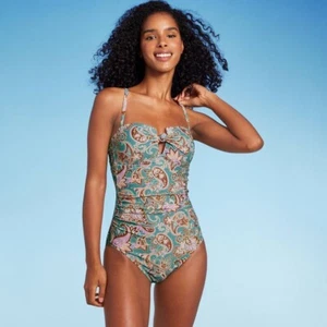 Shade & Shore Women's Shirred Bandeau One Piece Swimsuit Full Coverage - Picture 1 of 2