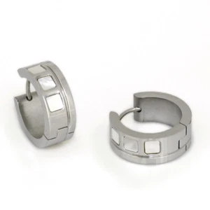 Neue Edelstahl Creolen Klapp Kreolen Paar Ohrringe Perlmutt silber Damen weiß - Bild 1 von 1