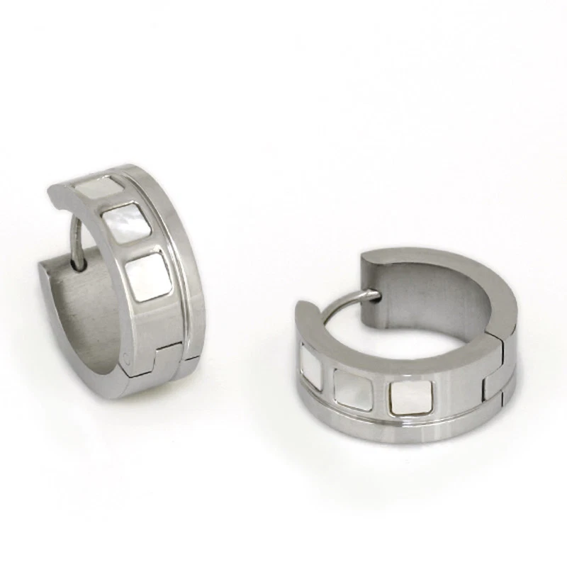 Neue Edelstahl Creolen Klapp Kreolen Paar Ohrringe Perlmutt silber Damen weiß - Bild 1 von 1